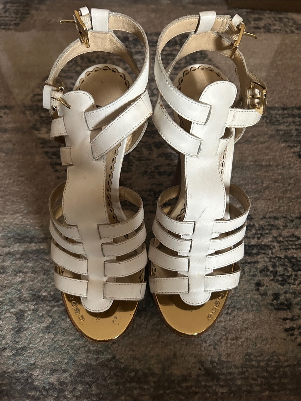 bebe White Strappy T‑Bar Heels with Gold Accents